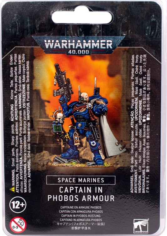 Warhammer 40,000 Space Marines Captain in Phobos Armour figure packaging on a white background