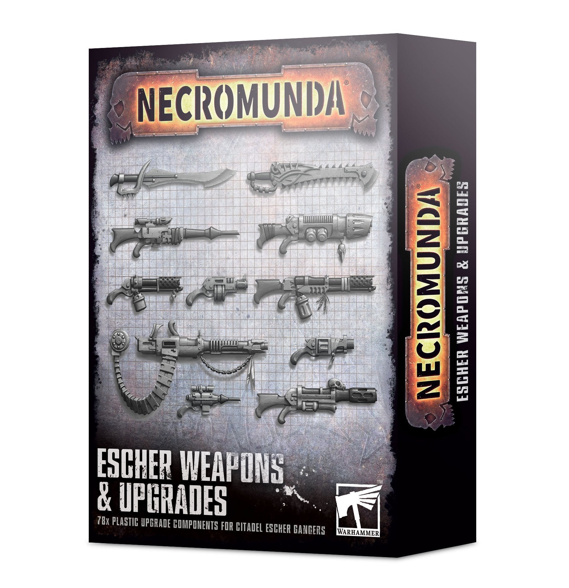 A boxed set of Necromunda Escher Weapons & Upgrades, featuring various plastic components for the game.