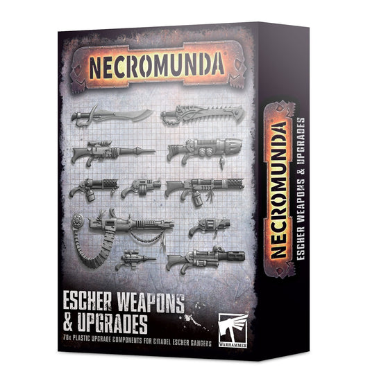 A boxed set of Necromunda Escher Weapons & Upgrades, featuring various plastic components for the game.